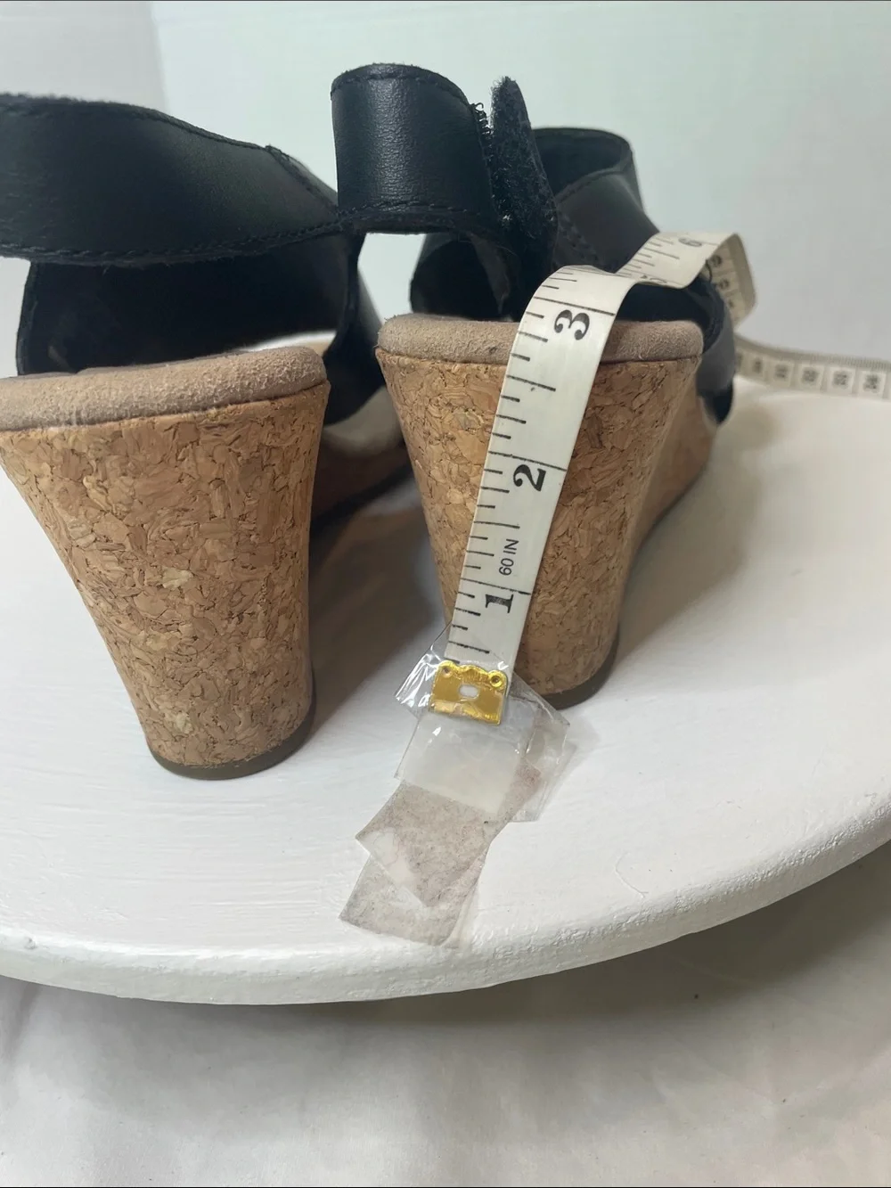 Clarks Black Leather Cork Wedge Slingback Sandals
